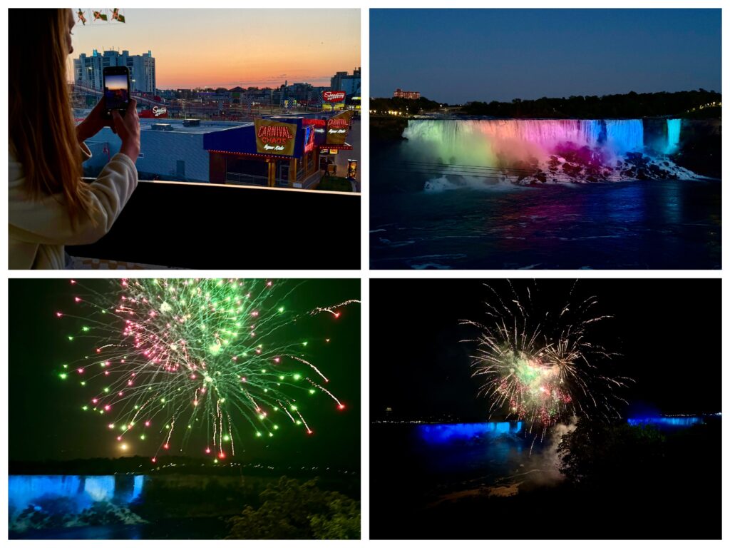 View of the Sunset From the SkyWheel, illuminated Falls and Fireworks