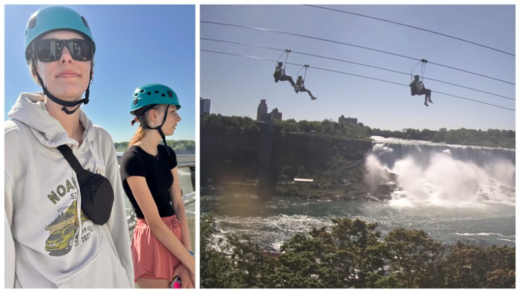 Zipline over the falls.  Yes that is us - Screenshot from the video I purchased