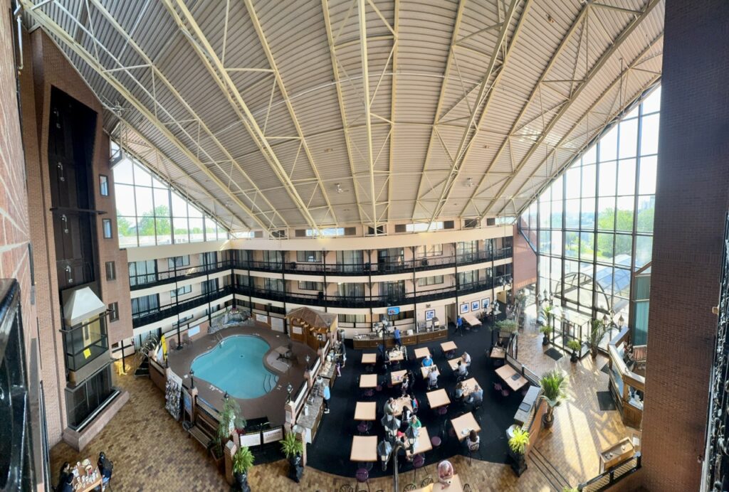 Panoramic view of the main lobby of our hotel, taken from our room window