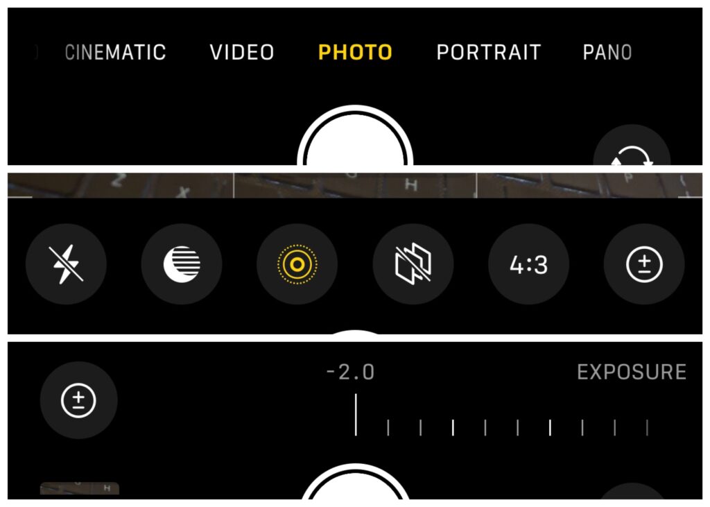 Swipe up on image type, choos the + - to adjust the exposer settings, set to lowest exposer -2.0.